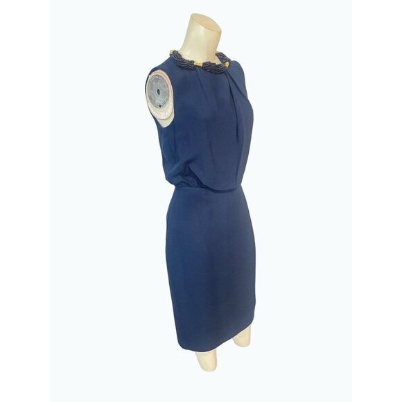 Magaschoni Collection Navy Beaded Neck Designer Dress XS 0 2 - Picture 2 of 6